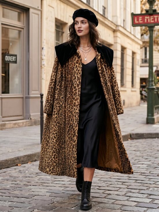 Kathy Waterman Jackets & Blazers - Vintage Cathy Waterman Leopard Print Long Coat with black velvet caplet